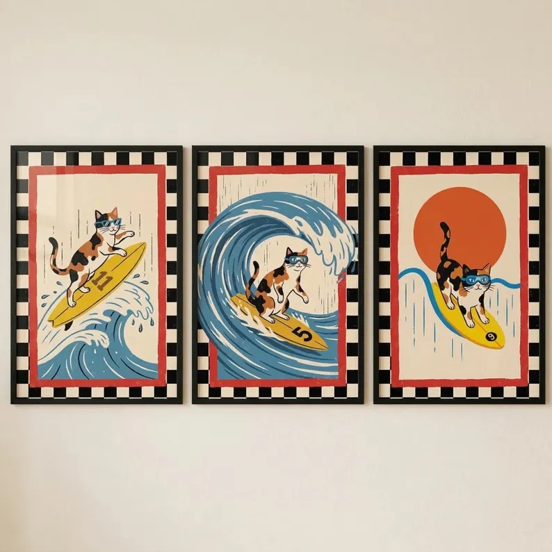 Home Decor Japanese - 3pcs Retro Japanese Wave Cat SurfingWall