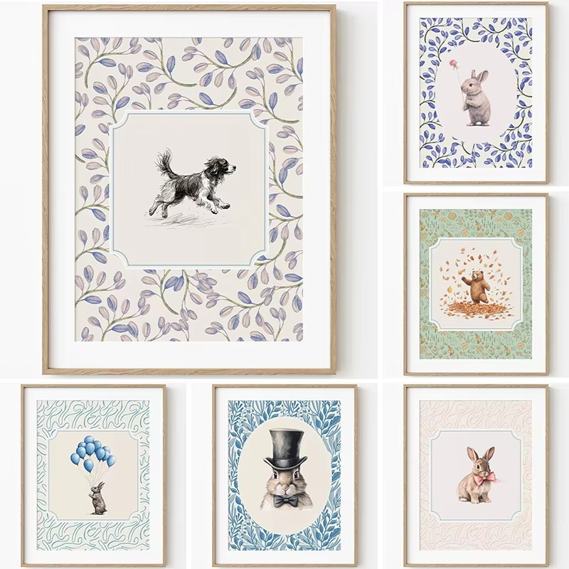 Home Decor Japandi - Nordic Vintage Animal Posters: Rabbit, Dog,