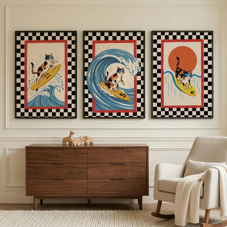 3pcs Retro Japanese Wave Cat S - Home Decor Japanese review and price