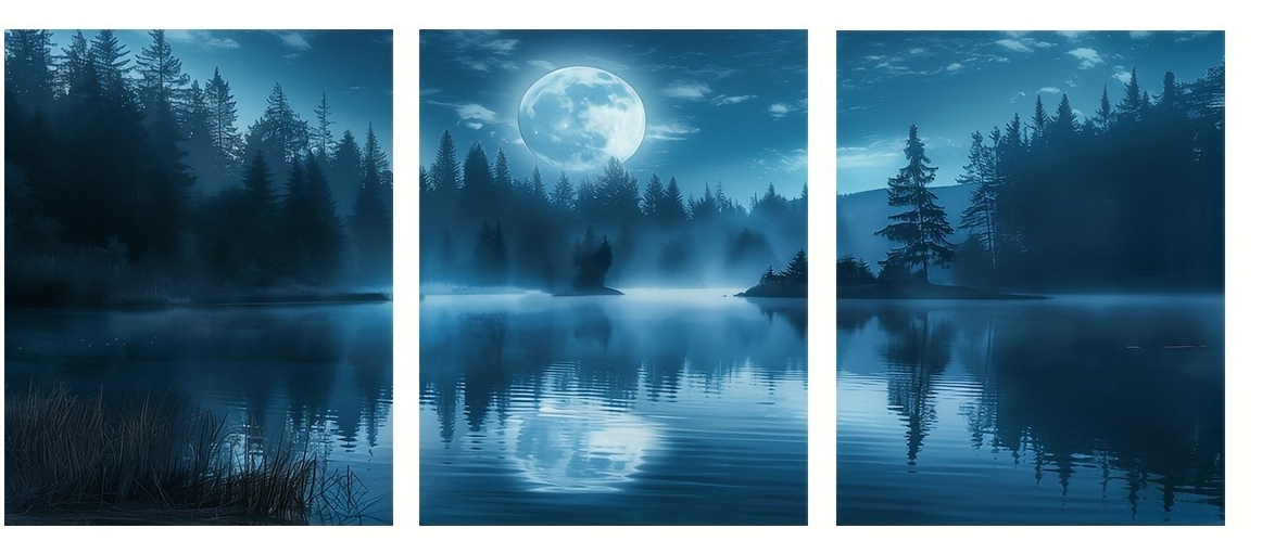 3 Panels Moon Forest Lake Canv - Home Decor Wall Panels review and price